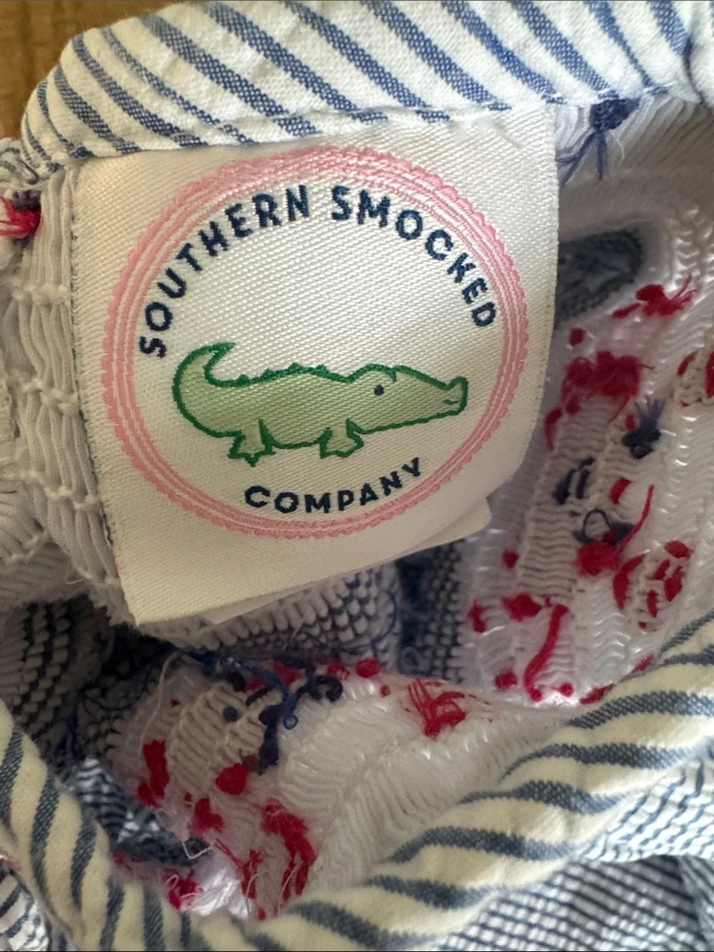 Embroidered Crab Seersucker Kids Dress in White and Red - Picture 2 of 2